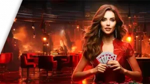 Image featuring a female character in a red dress, holding cards in a casino setting, promoting the welcome bonus at 7K Online Casino.