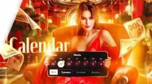 Image showcasing a female character in a luxurious setting, promoting the tournament calendar at 7K Casino with dates and cash rewards.