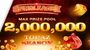 Image promoting the Spinoleague Topaz Season Tournament at 7K Casino, showcasing the 2 million euro prize pool in a fiery scene.