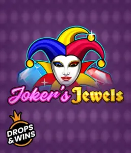 Enjoy the colorful world of Joker's Jewels slot by Pragmatic Play, featuring a charming joker's mask decorated with a multicolored jester hat. This image evokes the light-hearted fun of classic slots, set against a deep purple background. Perfect for casino game enthusiasts, offering a thrilling adventure. 