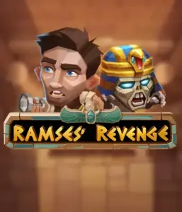 Explore the thrilling world of Ramses' Revenge slot by Relax Gaming, highlighting a startled explorer and a terrifying mummy set against an Egyptian tomb backdrop. This graphic depicts the excitement of ancient Egyptian myths, great for fans of Egyptian-themed slots, providing a thrilling escape. 